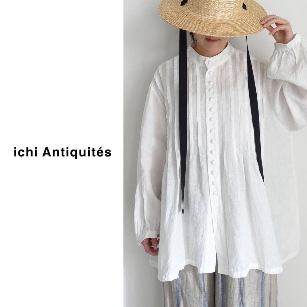 ICHI Antiquites French Linen Tuck Blouse White Free Size