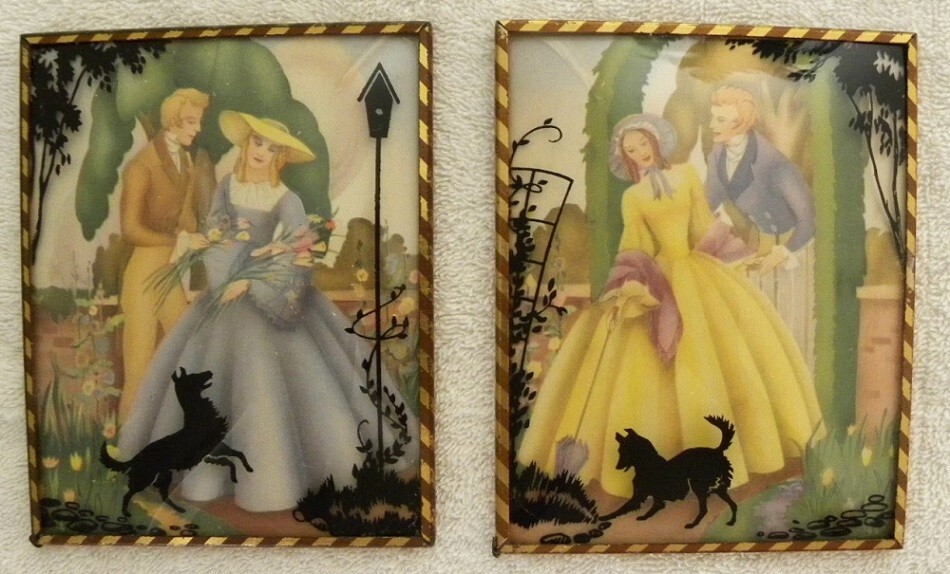 Vintage Pair Convex Glass Silhouettes, Bird House, Dog Playing, Romantic Couple
