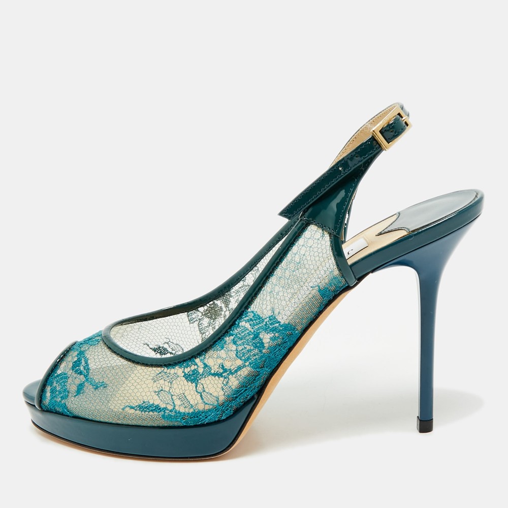 Jimmy Choo Green Lace and Patent Leather Nova Peep-Toe Slingback Sandals Size 36