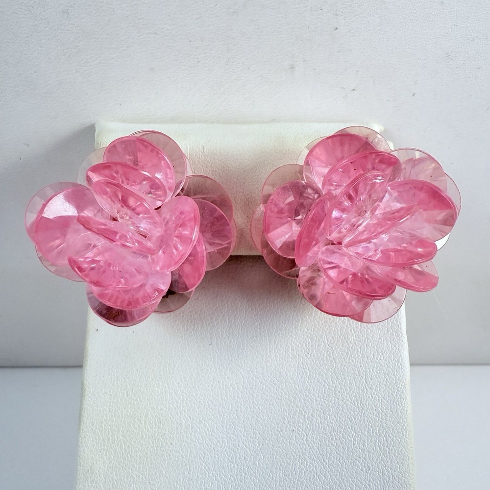 FAB Vintage 1960s Plastic Pink Beaded Disc Cluster Clip on Earrings