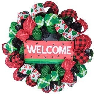 Watermelon Door Wreath Summer Decor Red Lime Green Sweet Summertime Front Door Hanging