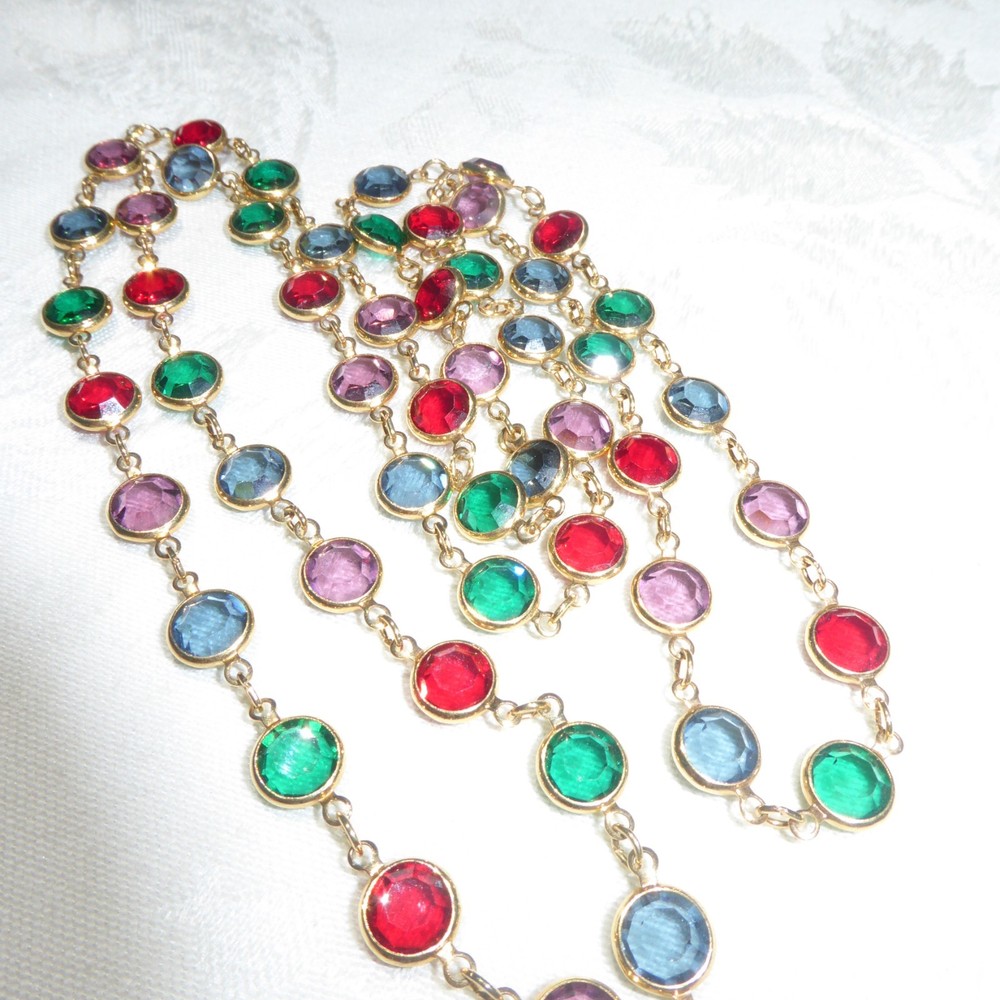 Vintage Gold Tone Purple Blue Green Red Swarovski Crystal Necklace 34