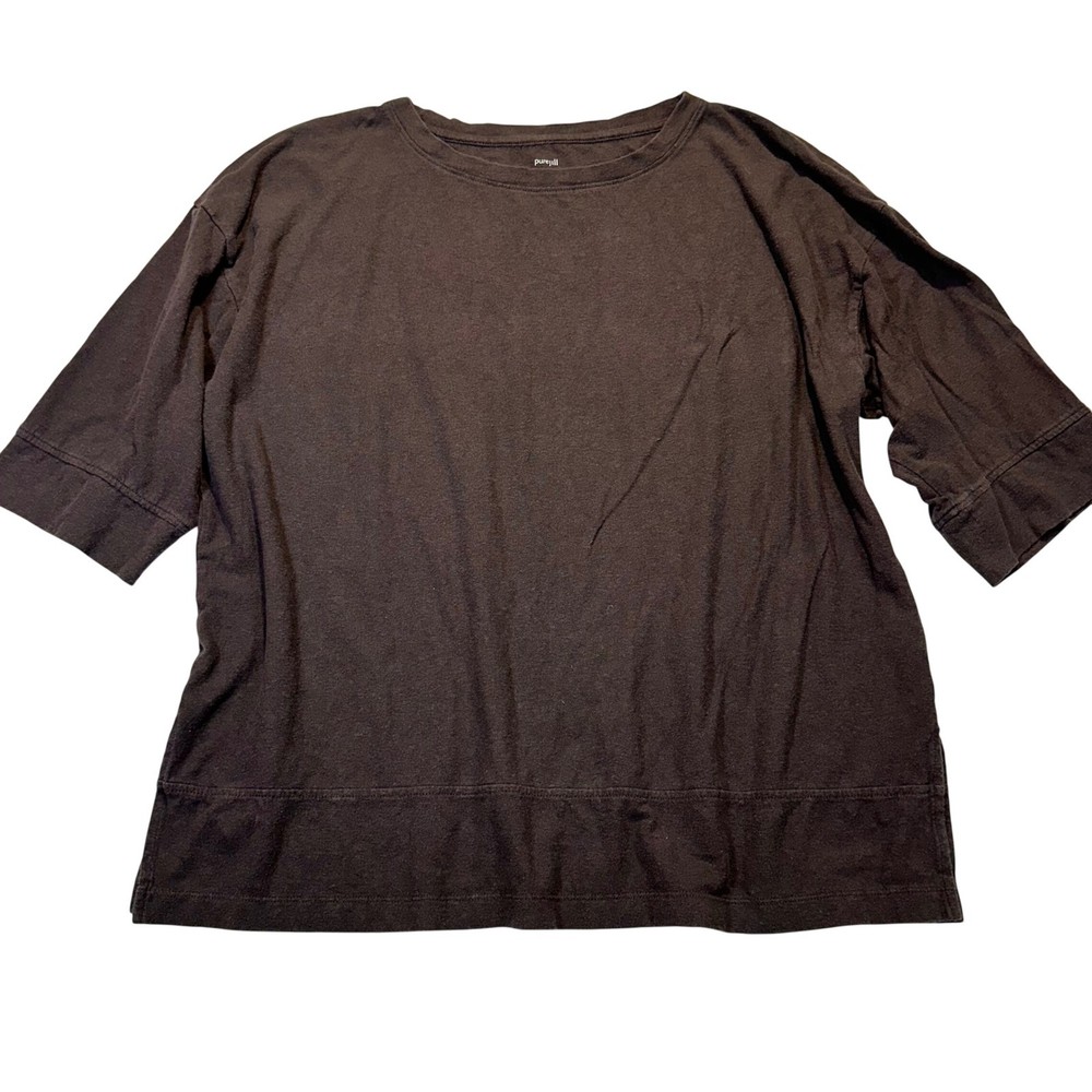 Pure Jill Tunic Women Large Brown Hemp Cotton Knit Seamed Minimalist Boho Top