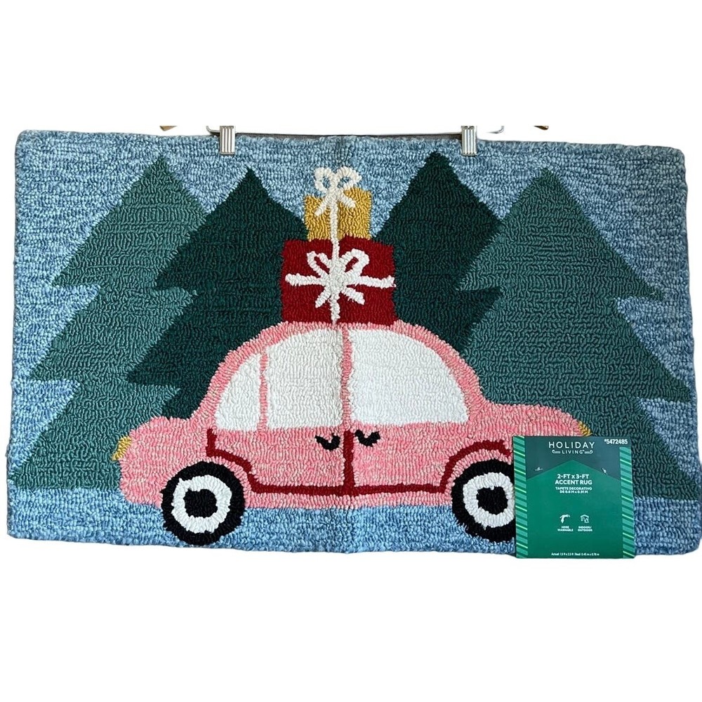 Christmas Accent Rug 18x29 Hooked Rustic Cottage Cabin Christmas Tree NEW-image