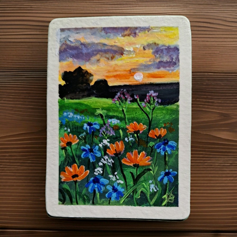 ACEO Original Acrylic Painting Art Card SUNSET AND FLOWERS Hand Painted