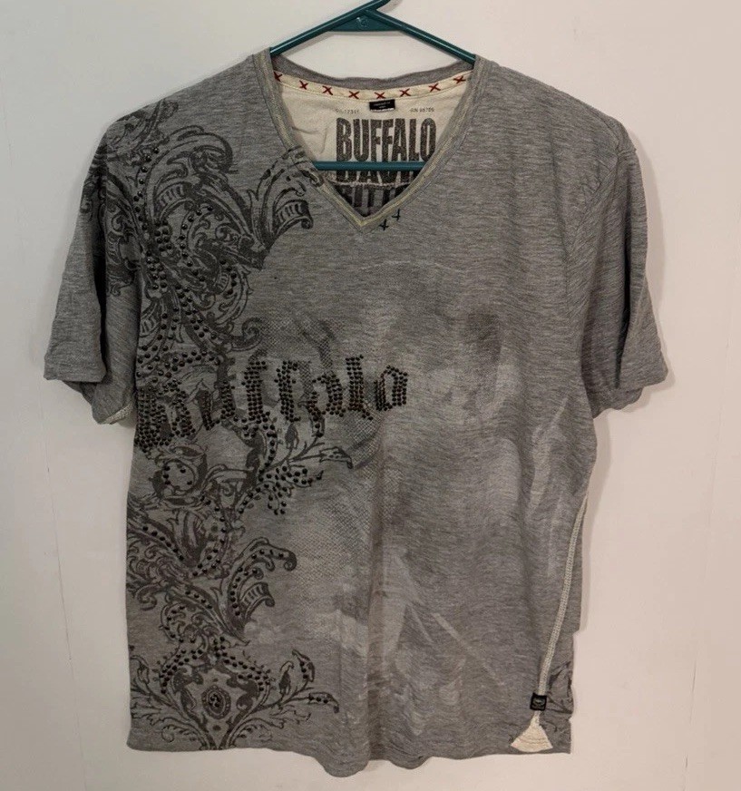 Buffalo David Bitton Mens M Gray Burnout V-Neck Tee Fleur de Lis Rhinestone Y2K