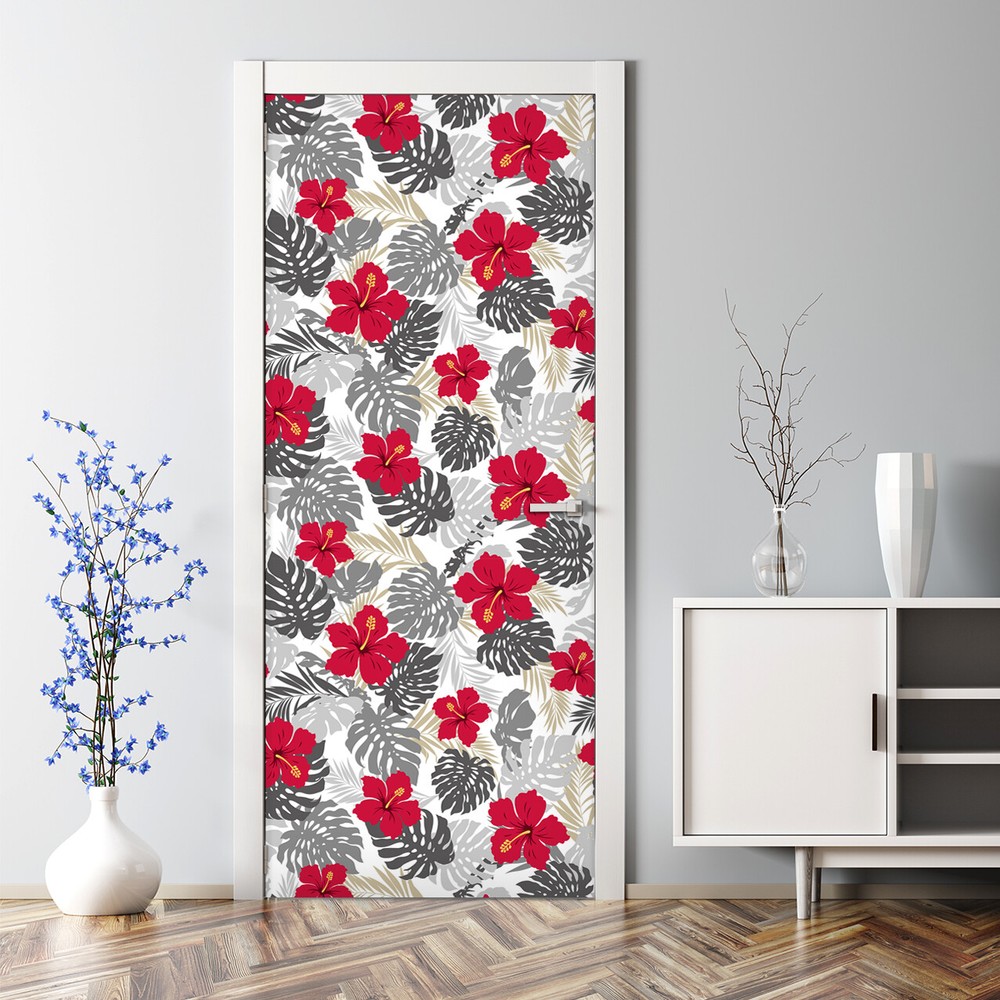 Hibiscus Variation Red Floral Bubble Free Door sticker self adhesive Watercolour