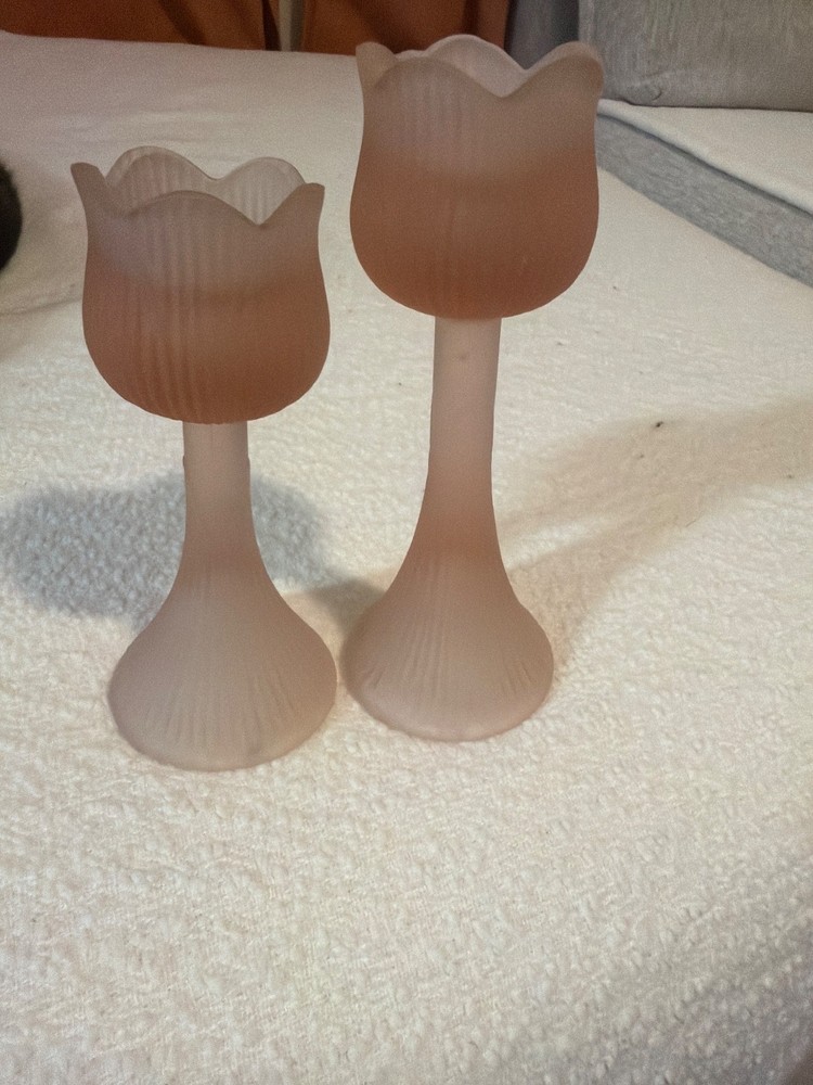 Pair of Vintage Pink Frosted Glass Tulip Candle Holders, 7” & 6”