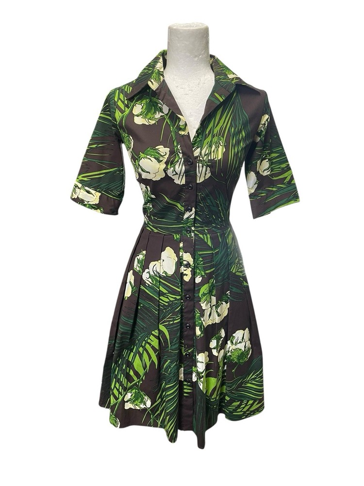 Samantha Sung Kelly Palm Shirt Dress Brown Green Cotton Stretch Size 0