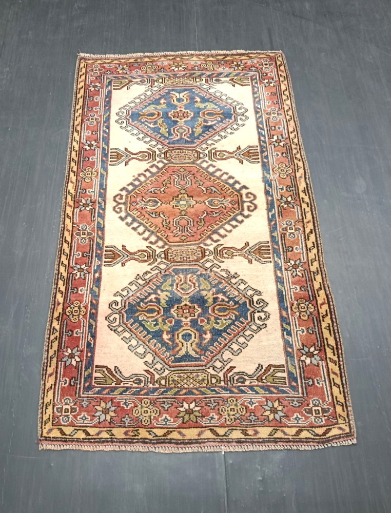 Beige Red Handmade Rug, 2.9x5.1ft, Vintage Turkish Medallion Small Accent Rug,