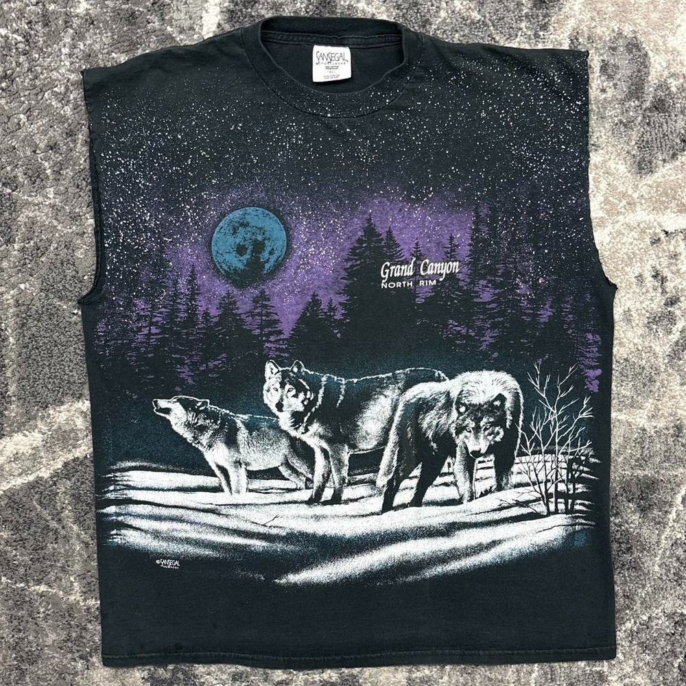 Vintage Wolf Shirt Mens XL 90s Y2K All Over Print Wolves Stars Tank Top Cut Off