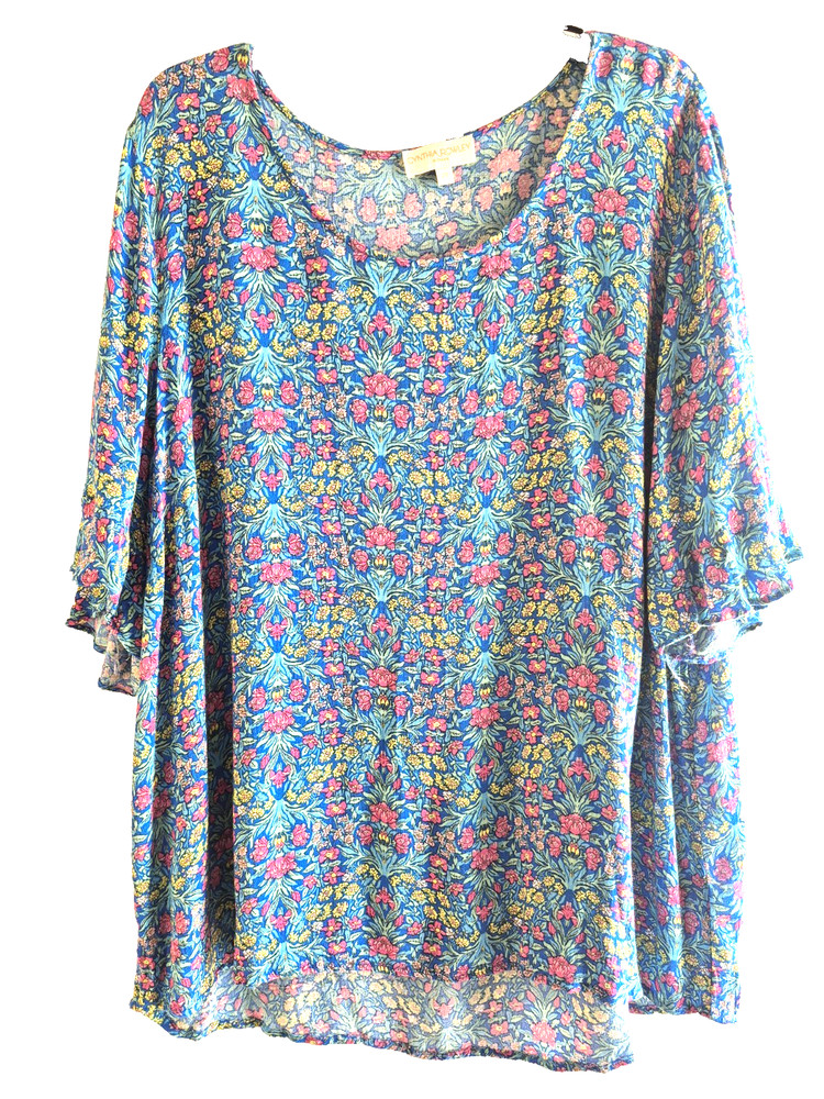 CYNTHIA ROWLEY Gauze Blouse - 2X - Scoop Neck, Short Slvs w/Flounce, Hi/Lo Hem