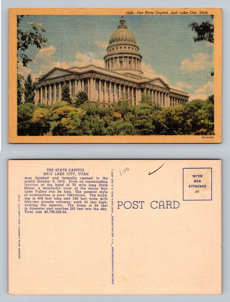 Salt Lake City, UT-Utah, State Capitol Dome Scene Standard c1916 Postcard