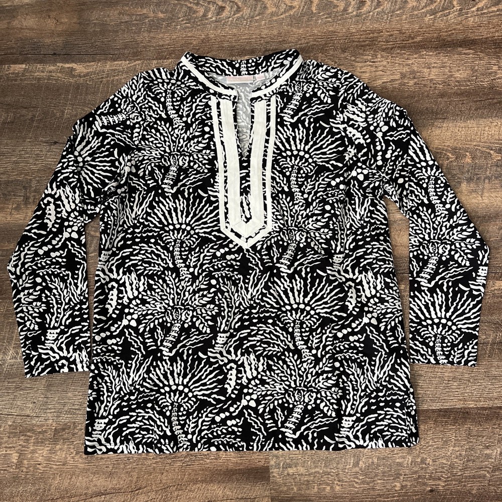 Bellisima By Kim Gravel Cabana Knit Palm Trim Tunic Women's Large Black Multi