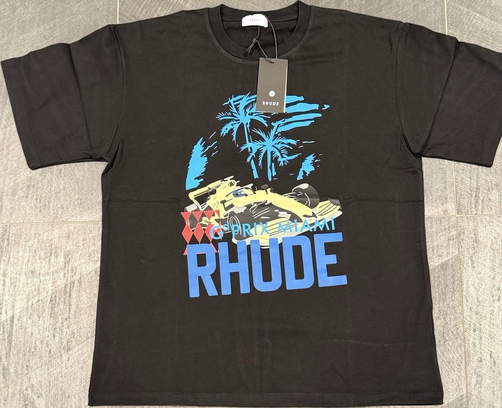RHude Black Grand Prix Miami Graphic Print T-Shirt XL Cotton Crew Neck