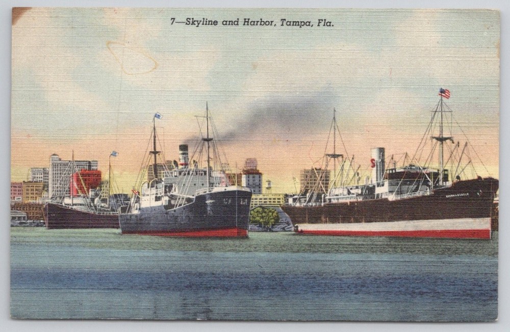 1949 Tampa, Florida Harbor Skyline & Ships Linen Postcard, Posted