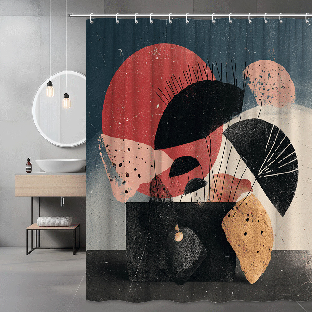 Abstract Geometric Art Shower Curtain Black Red Beige