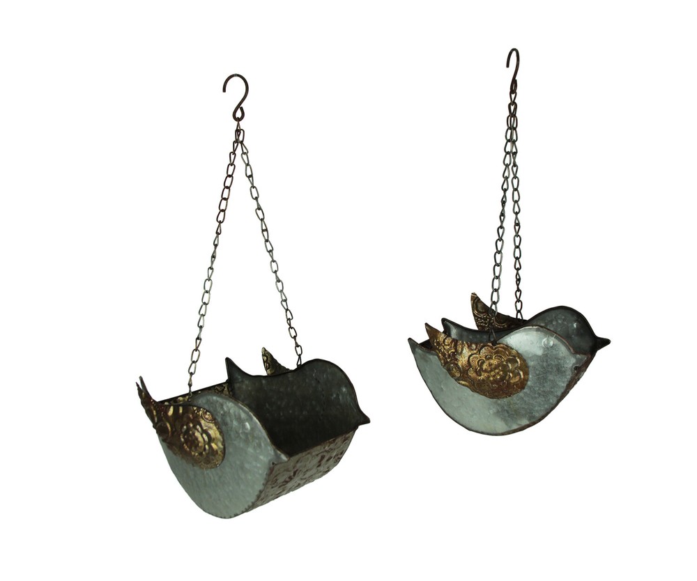 Zeckos Galvanized Finish Embossed Set of 2 Hanging Metal Planters