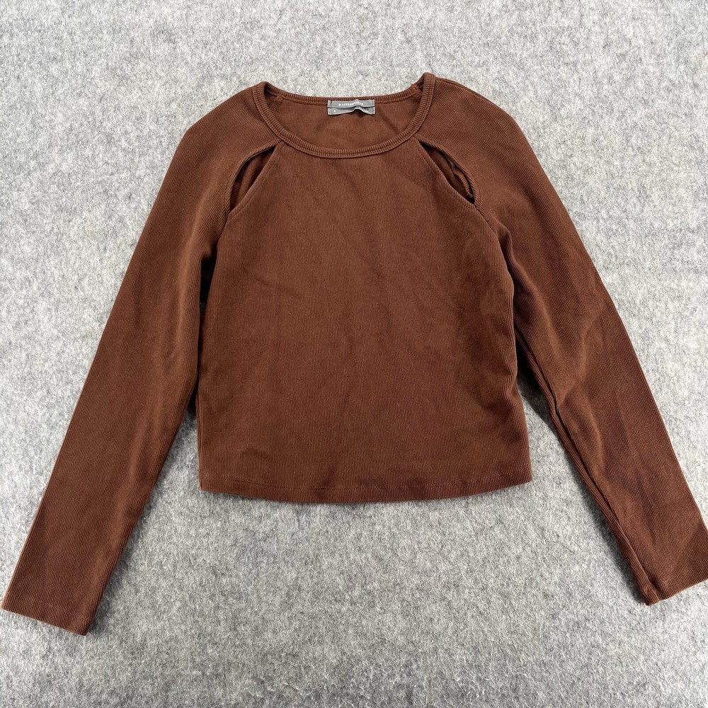 Anthropologie Womens Brown Long Sleeve Ribbed Cut-Out Top Size S