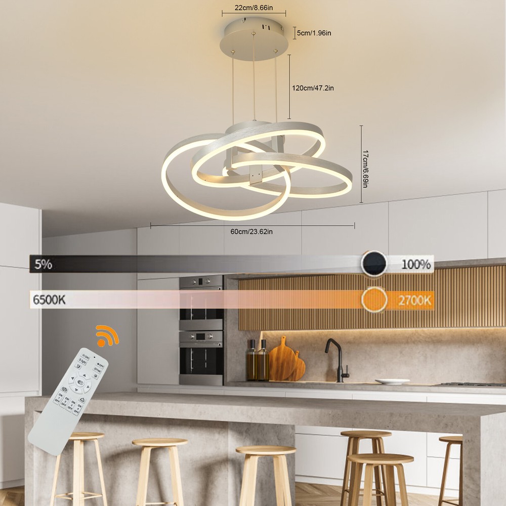 Modern Wave LED Pendant Light Dimmable Chandelier with Remote Silvery Finish