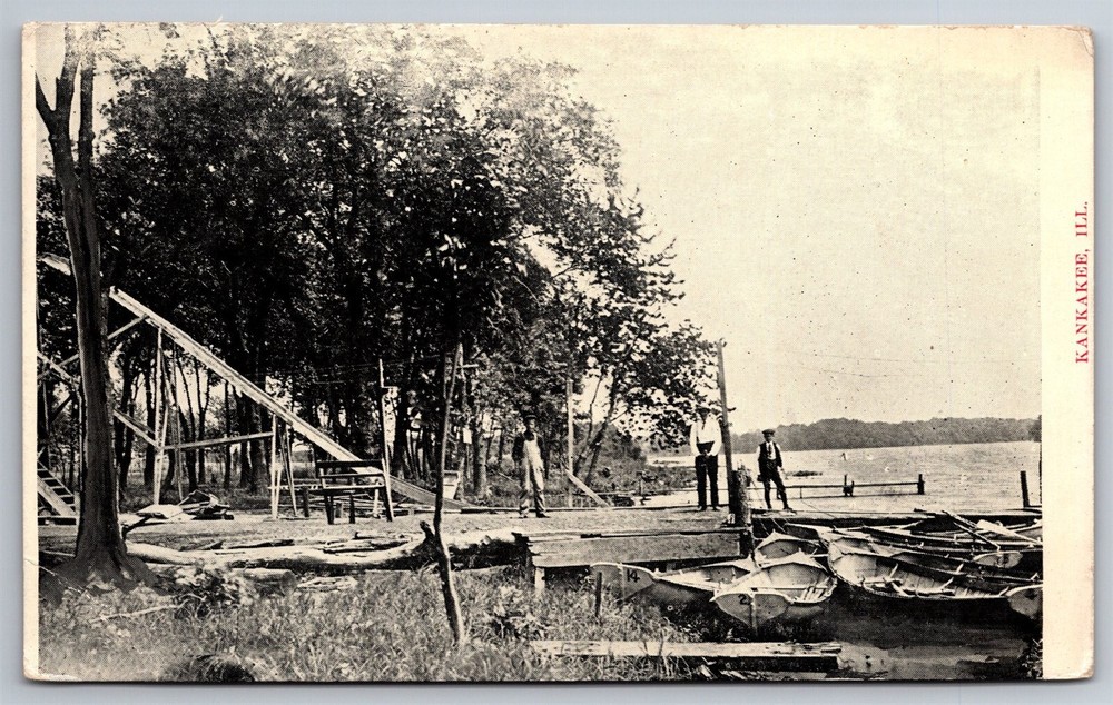 Kankakee IL Kankakee River Park Slide Boats Dock Men C1910 DB Postcard W17
