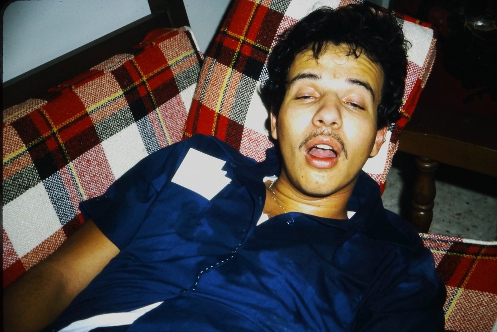 c1970's 35mm Slide Film Man Portrait Plaid Couch Dark Blue Shirt Wall Wooden