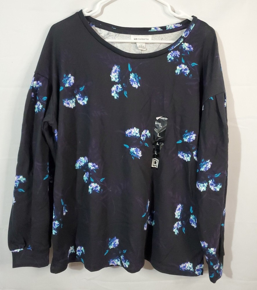 Liz Claiborne Sweater Women’s Size Large Pullover Blue Floral Long Sleeve Light