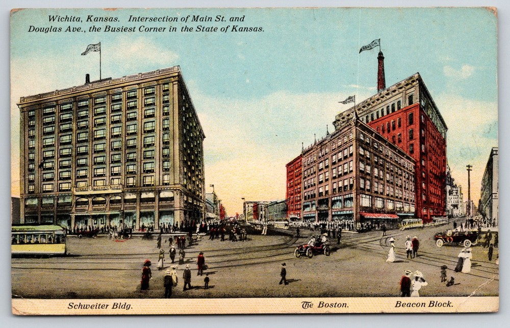 Wichita Kansas~Main St Intersection~Trolley~Bldg~Flags~Automobile~c1910 Postcard