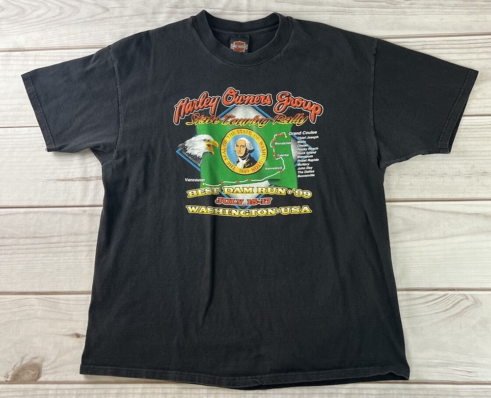 Vintage 1999 Harley Owners Group-Best Dam Run Washington State- T Shirt XL Faded