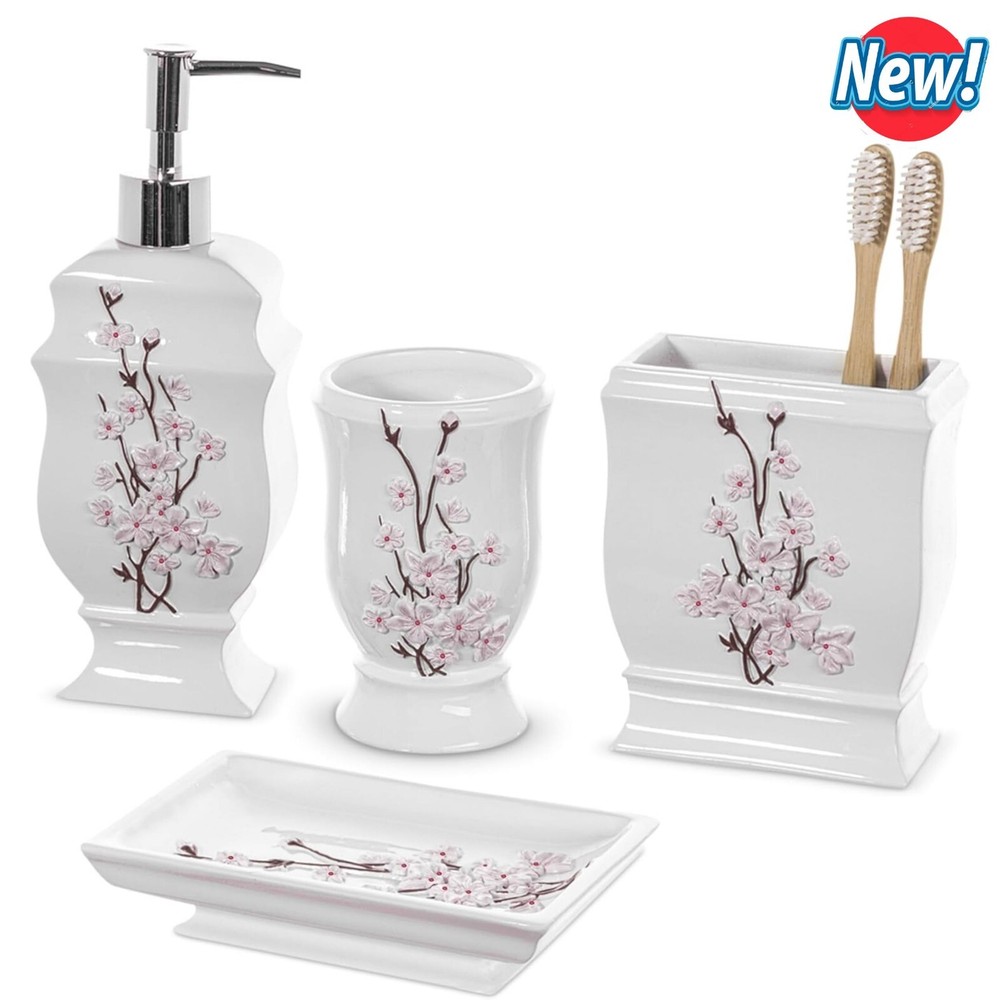 4pcs Cherry Blossom Bathroom Set - White Home Decor for Restroom