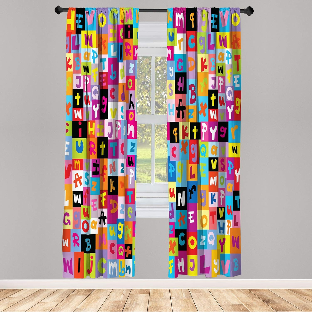 Abstract Window Curtains, Colored Alphabet Letters Pattern Game Graphic Print, L-image