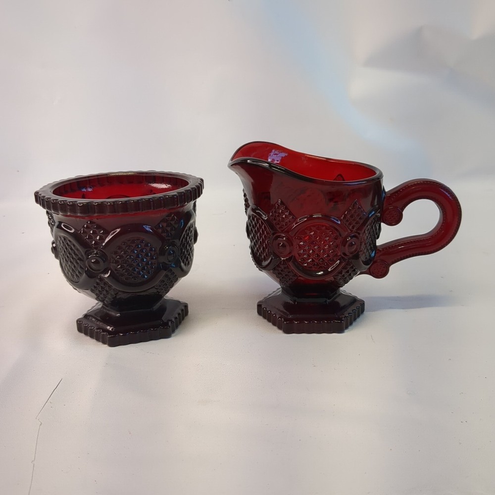 Vintage Avon Cape Cod 1876 Ruby Red Glass Sugar and Creamer Dish Set