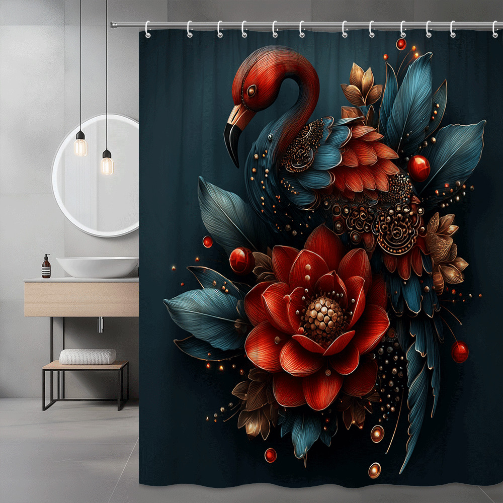 Flamingo Floral Shower Curtain Red Blue Botanical Print
