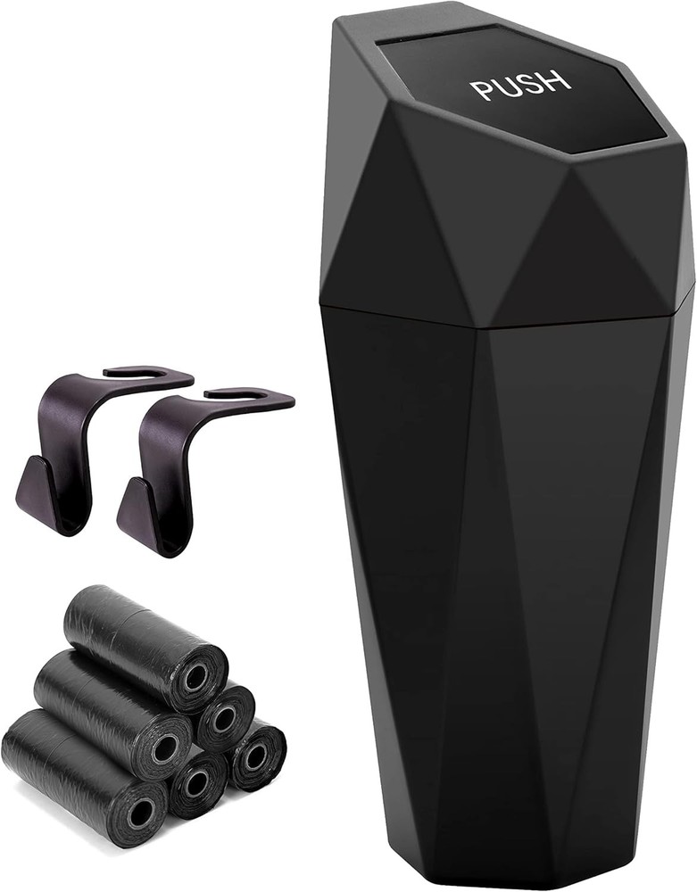 Leakproof Mini Car Trash Can with Lid and Cup Holder, Includes 2 Hooks & 90 Bags