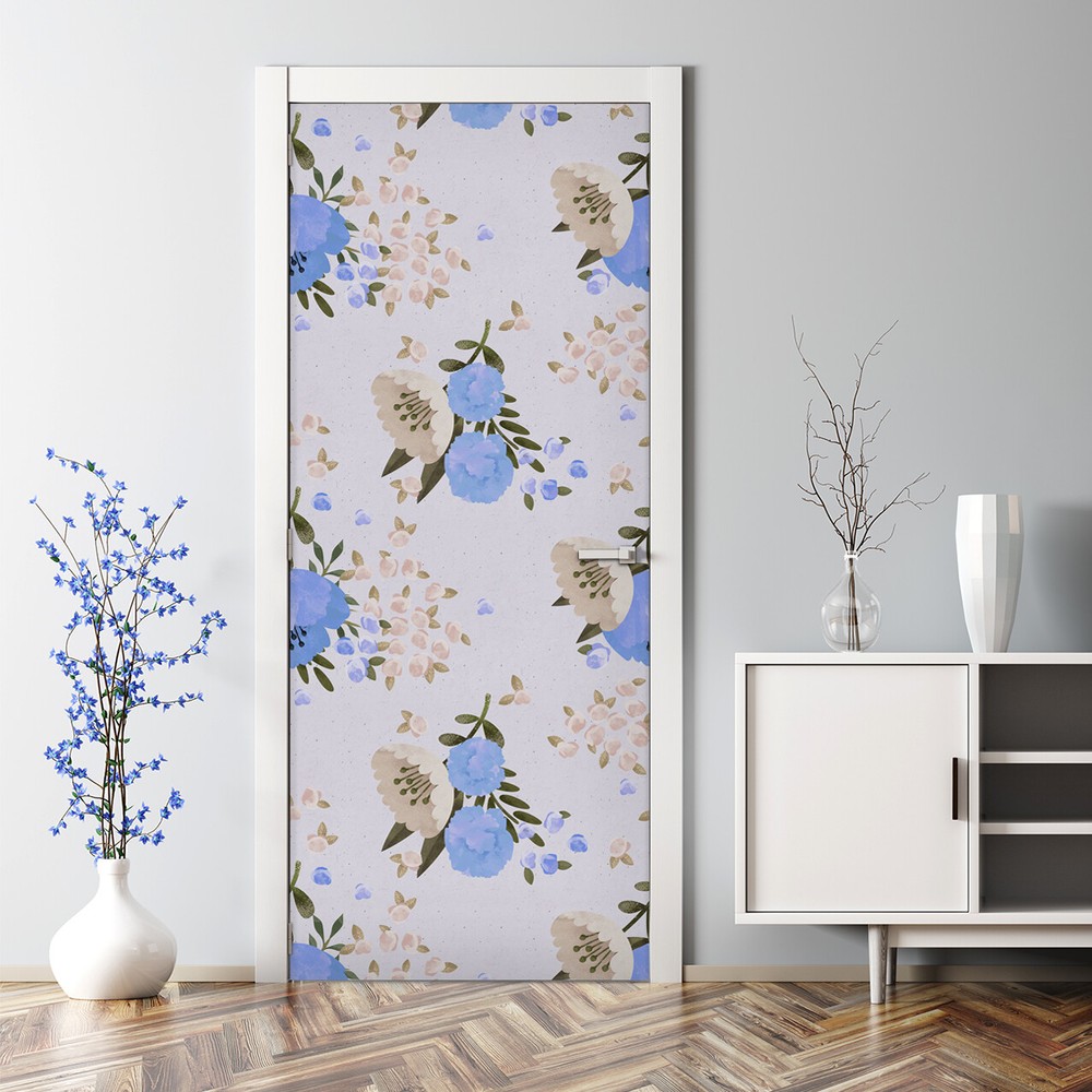 Bubble Free Door sticker Blue Flowers poppies Vintage poppy Floral Watercolour