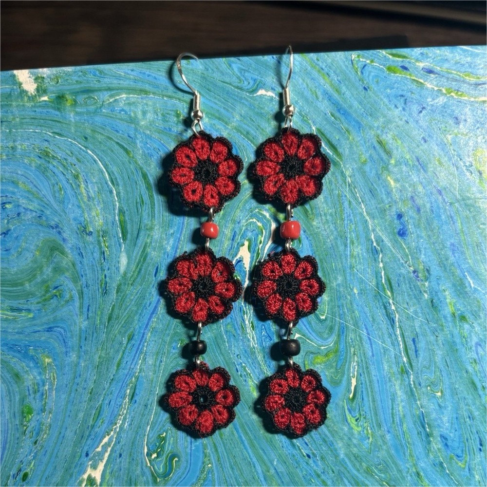 Handcrafted Crochet Flower Beaded Dangle/Drop Earrings, Red Black Silver, Hook