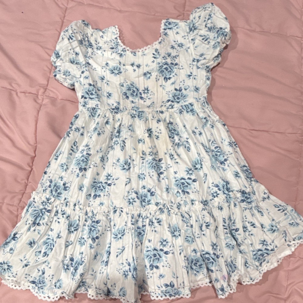 Happily Grey Girls White Blue Floral A-Line Puff Sleeve Knee Dress Bow Size 7