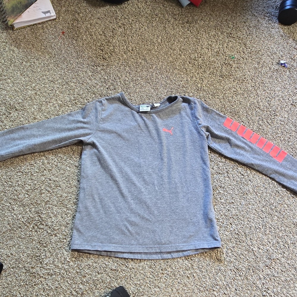 PUMA Girls Gray Pink Long Sleeve Logo T-Shirt Crew Neck XS 5/6
