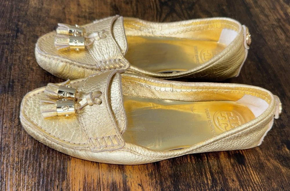 Tory Burch Lawrence Tassel Gold Metallic Le Driver Moccasin Shoes Size 8.5M