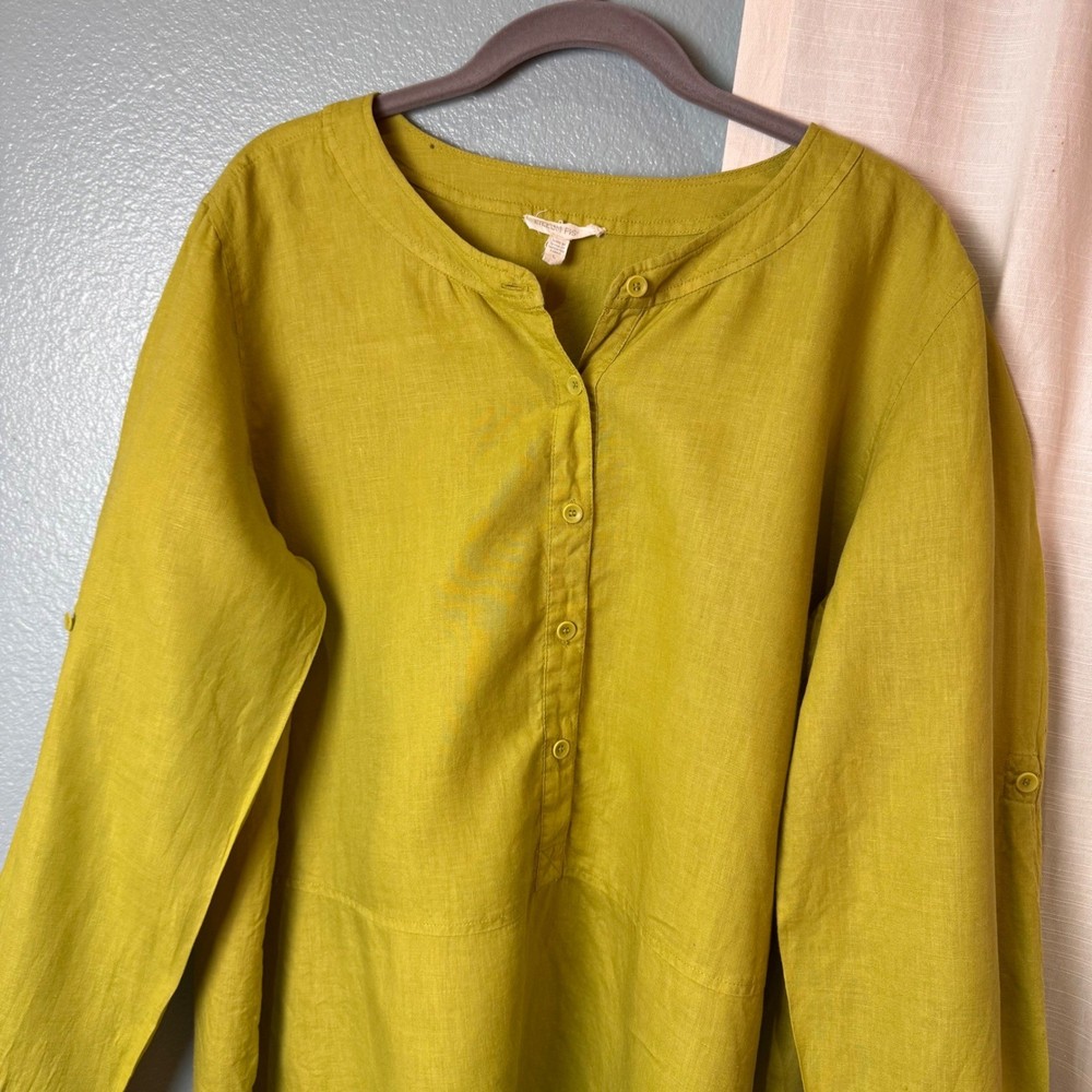 Eileen Fisher Tunic Womens L Green Linen Roll Tab Sleeve Button Front High Low