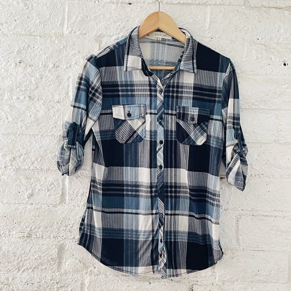 Eden Olivia Blue Black Plaid Blouse Women's Size S Casual Stylish Top  
