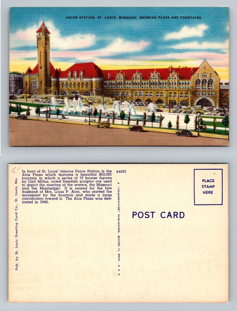 St Louis, MO-Missouri, Union Station Aloe Plaza And Fountains Vintage Postcard