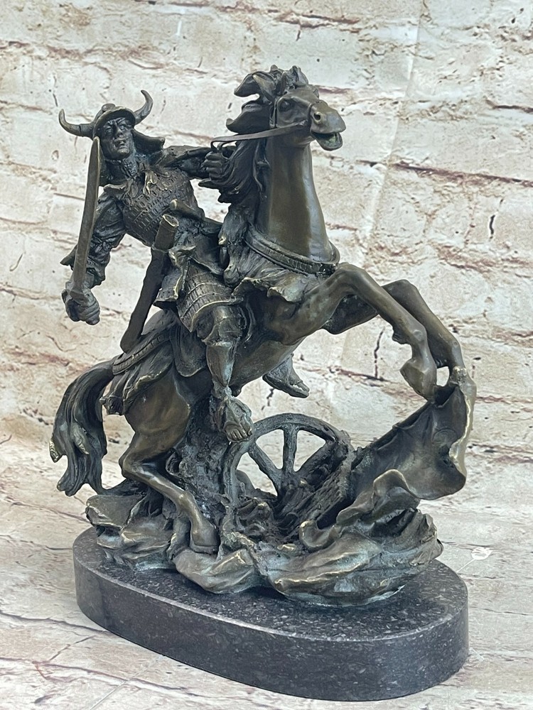 REAL BRONZE VIKING SAMURAI WARRIOR ON HORSE W/ SWORD SIGNED ON MARBLE WOW