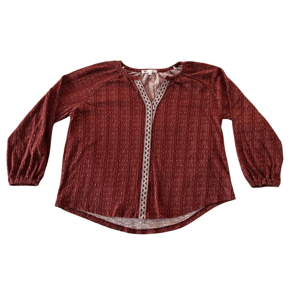 DR2 Southwestern V-Neck Knit Top Size L Boho Cottagecore Prairie Style