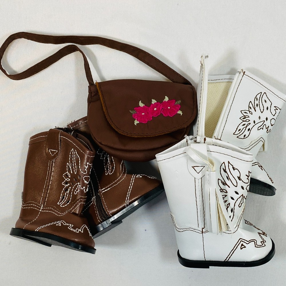 Brown & White Cowboy/Cowgirl Boots, Suede Purse Set for 18