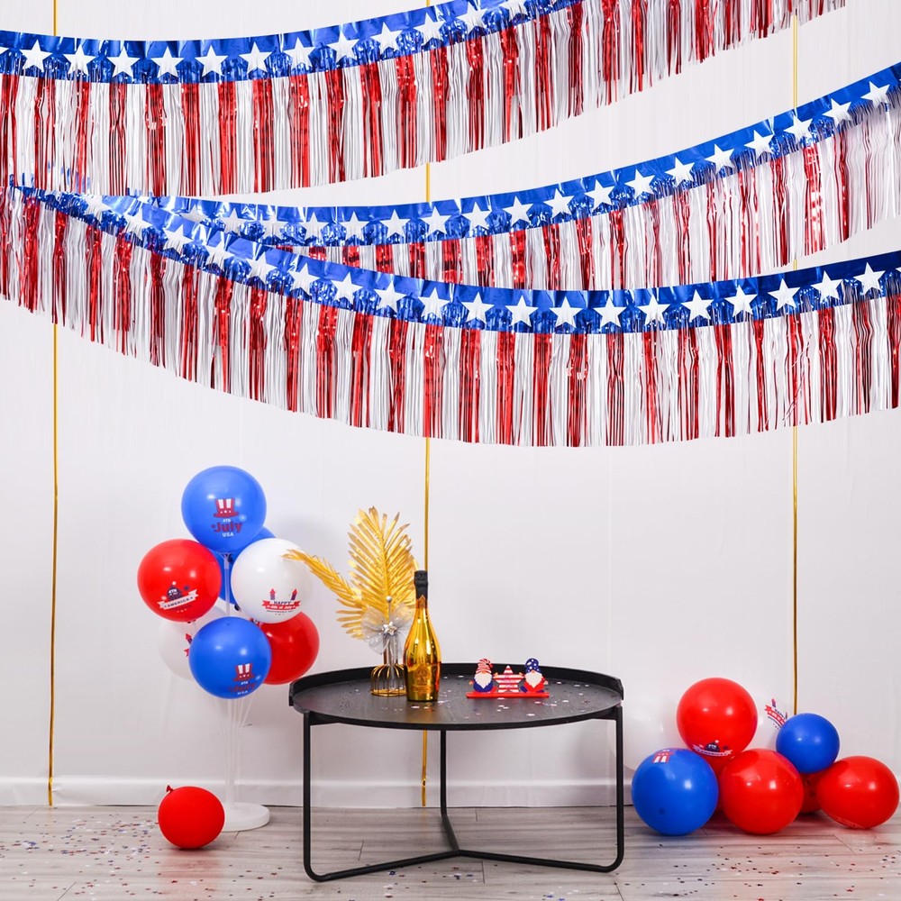 Mega-L 4th of July 39ft Foil Fringe Garland Tinsel Streamers 2-Pack Patriotic Decor