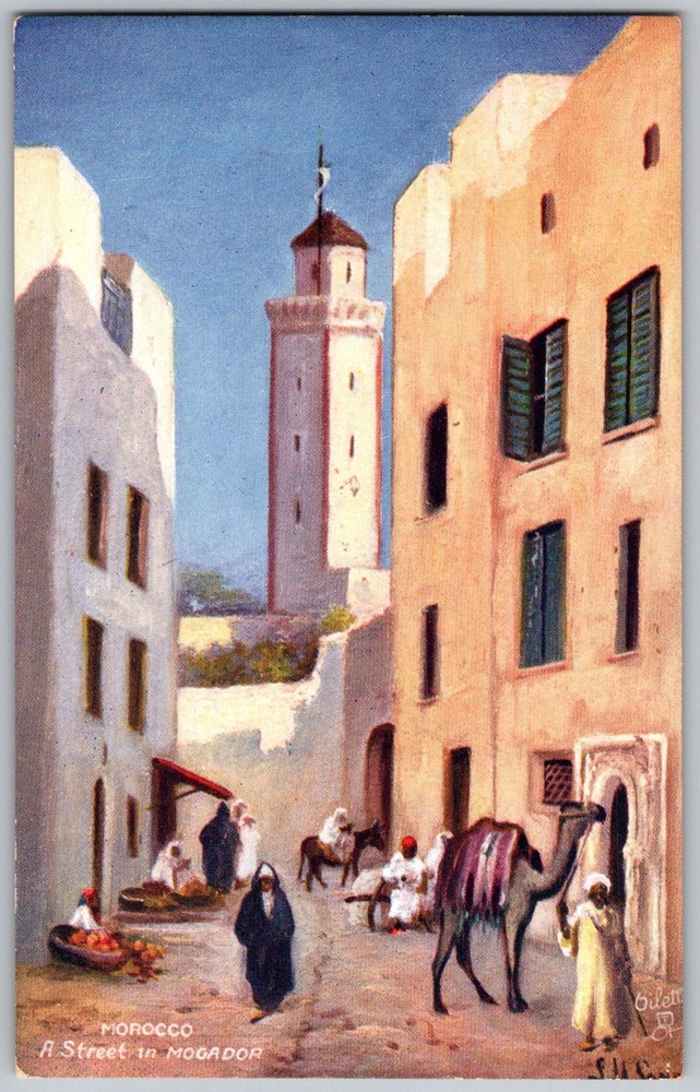 Antique Postcard Street Scene Camels Mogador, Morocco 1910s
