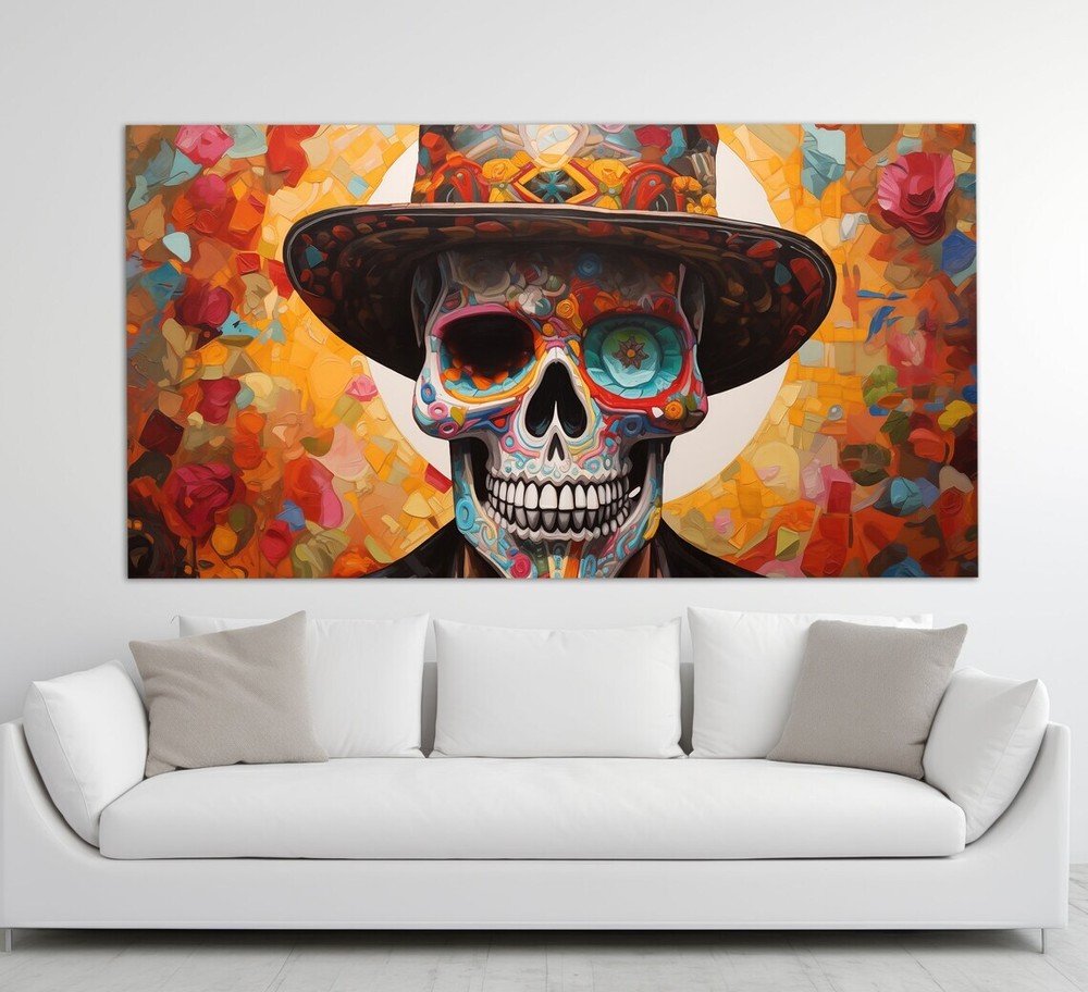 Vivid Mexican Skull Abstract Skeleton Unframed Canvas Print Australian Wall Art