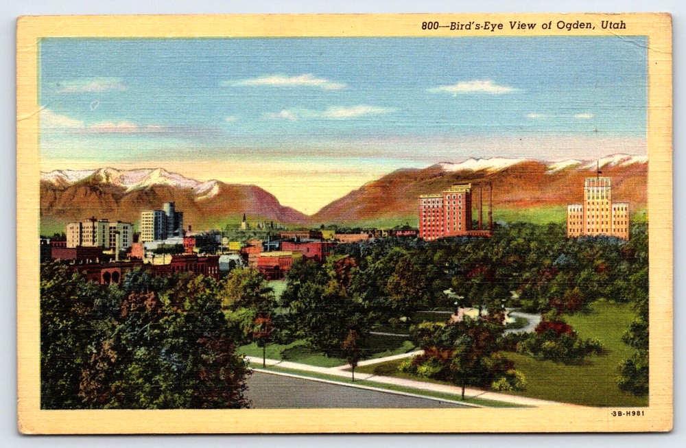 Ogden Utah UT Birds Eye View Of Buildings Mountains Road Vintage Linen Postcard