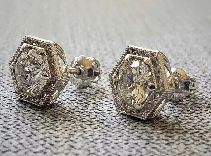 Art Deco round cut lab diamond 14k white gold stud earrings
